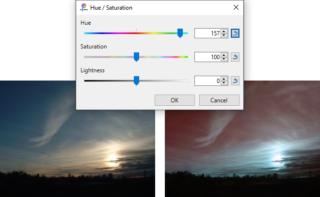 Adjustments > Hue / Saturation + Hue adjustment