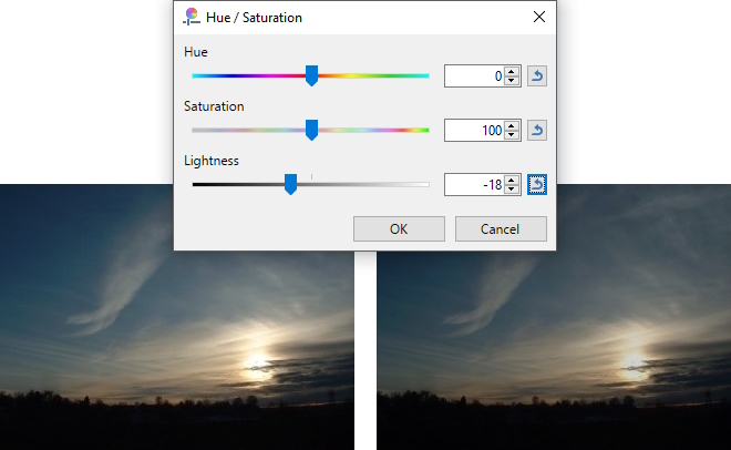 Adjustments > Hue / Saturation + Lightness adjustment