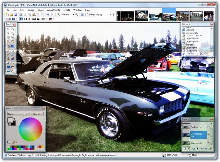 A Camaro photo edited in Paint.NET 3.0 using a transparency gradient